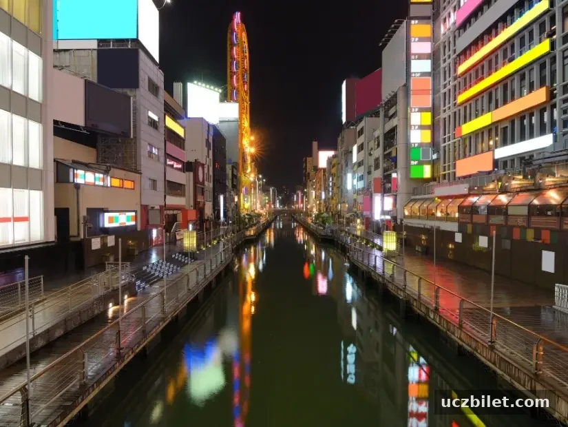 Dotonbori Kanalı'ndaki Osaka Şehir Manzarası.
