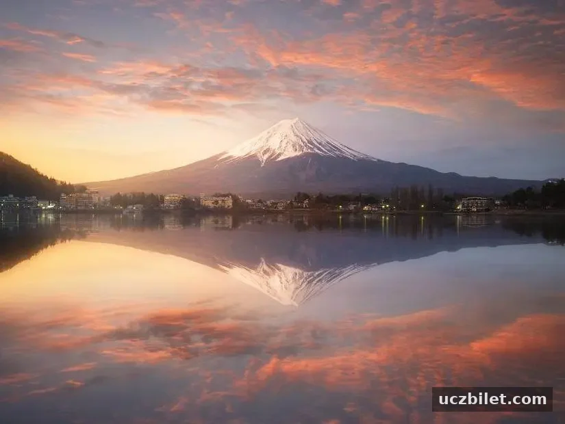 Fuji dağının güneş doğuşuyla su yansıması, kawaguchiko gölünde Fuji dağı, Japonya