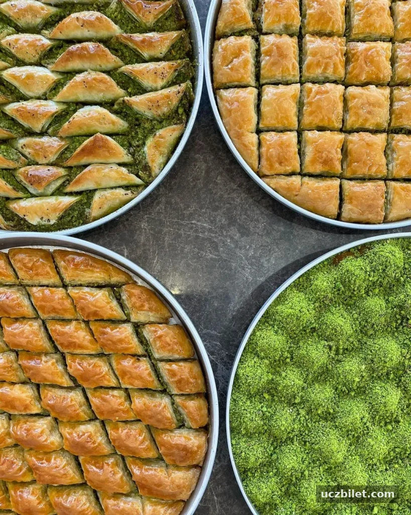 Gaziantep’in meşhur baklavacı Koçak’ta farklı kesimlerde hazırlanmış fıstıklı baklavalar, tazeliği ve rengiyle iştah kabartıyor.