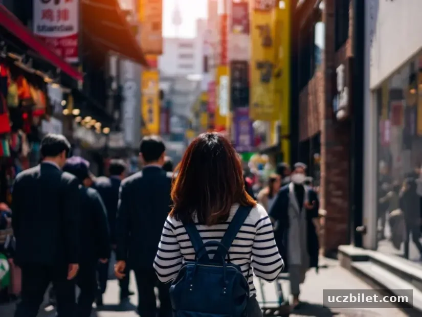 Güney Kore Myeongdong sokak pazarında seyahat eden ve alışveriş yapan genç Asyalı kadın