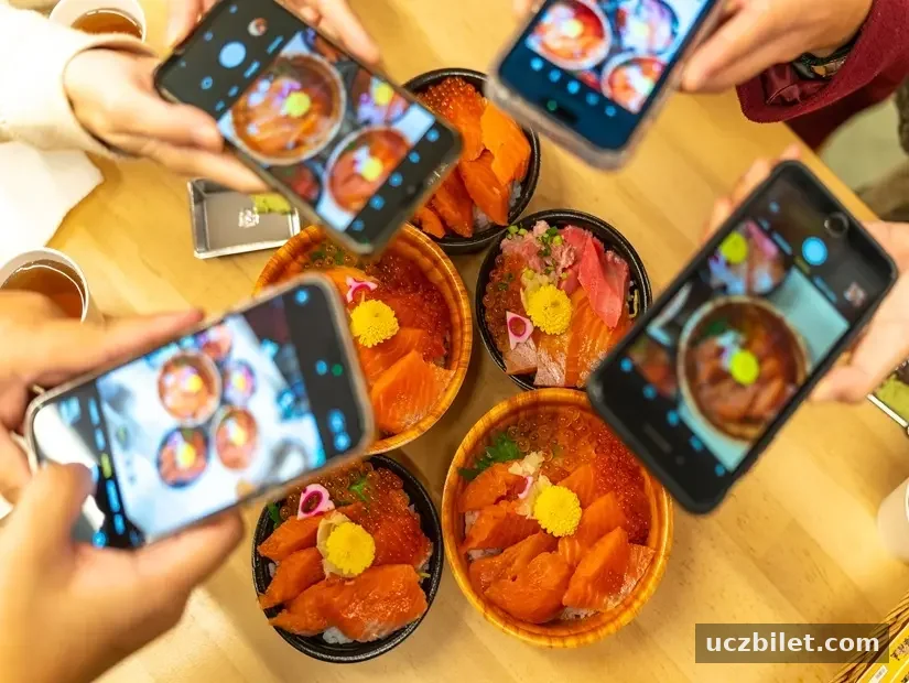 Japonya'nın Tokyo kentindeki bir balık pazarındaki bir restoranda cep telefonuyla deniz ürünleri sashimi pirinç kasesinin fotoğrafını çeken bir grup insan