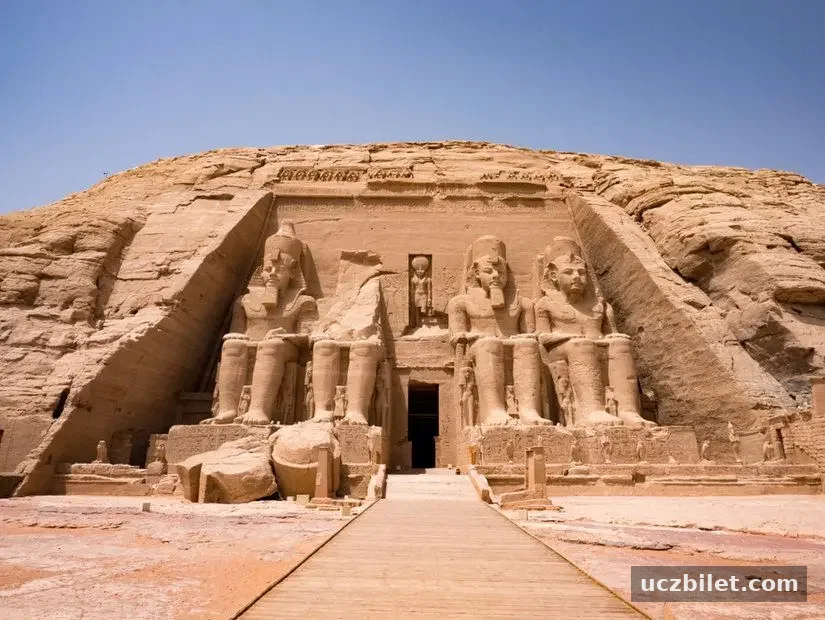 Mısır Aswan'daki Abu Simbel tapınağının önünde heykeller