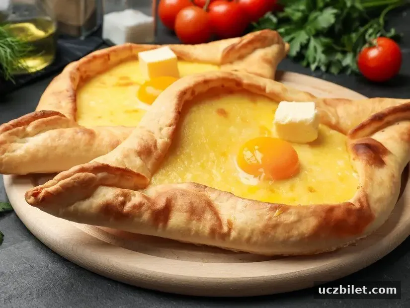 Peynirli, yumurtalı ve siyah masadaki diğer ürünlerle dolu lezzetli hachapuri