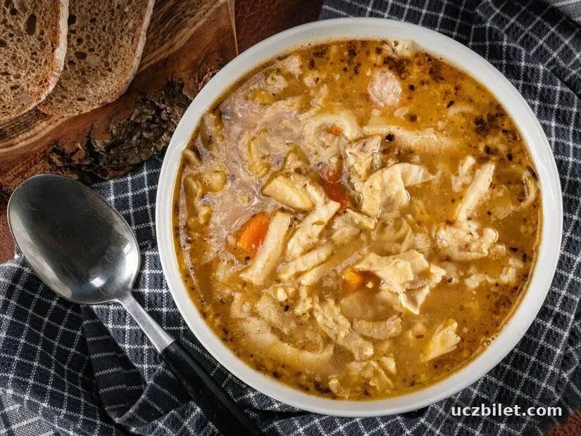 Polonya'da geleneksel çorba olarak baharatlı ve aromatik tripe çorbası.