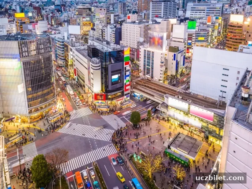 Shibuya Tokyo, Japonya'da alacakaranlıkta görünümü