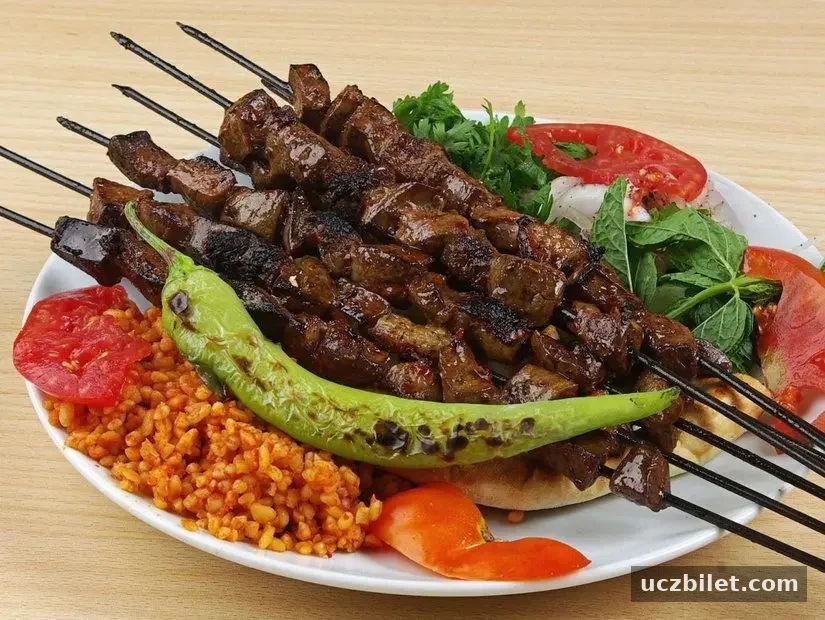tabak üzerinde pişmiş şişe dizilmiş ciğer