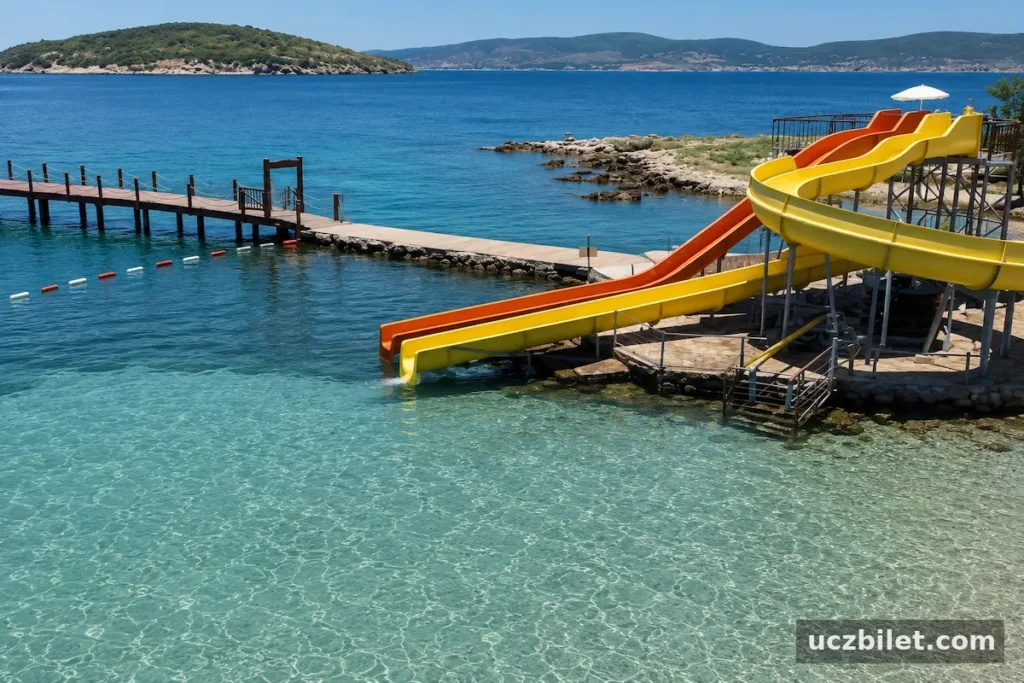 Yassıca Ada Plajı'nda, berrak turkuaz suların kucağında uzanan ahşap bir iskele ve suya doğru eğimli canlı turuncu ve sarı renkli su kaydırakları ile çevrili, yeşil tepelerle süslü ufku olan sakin bir kıyı manzarası.